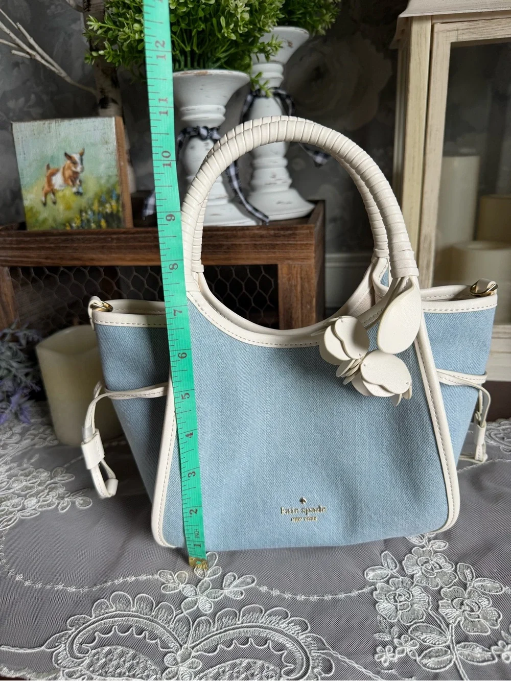 NWT Kate Spade Mini Cryall Leather Flower Blue Denim Fabric Tote Handbag Purse